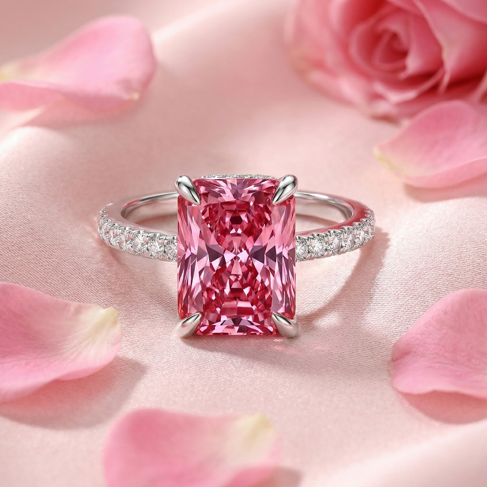 Radiant cut pink tourmaline ring in S925 sterling silver on pink silk with rose petals.