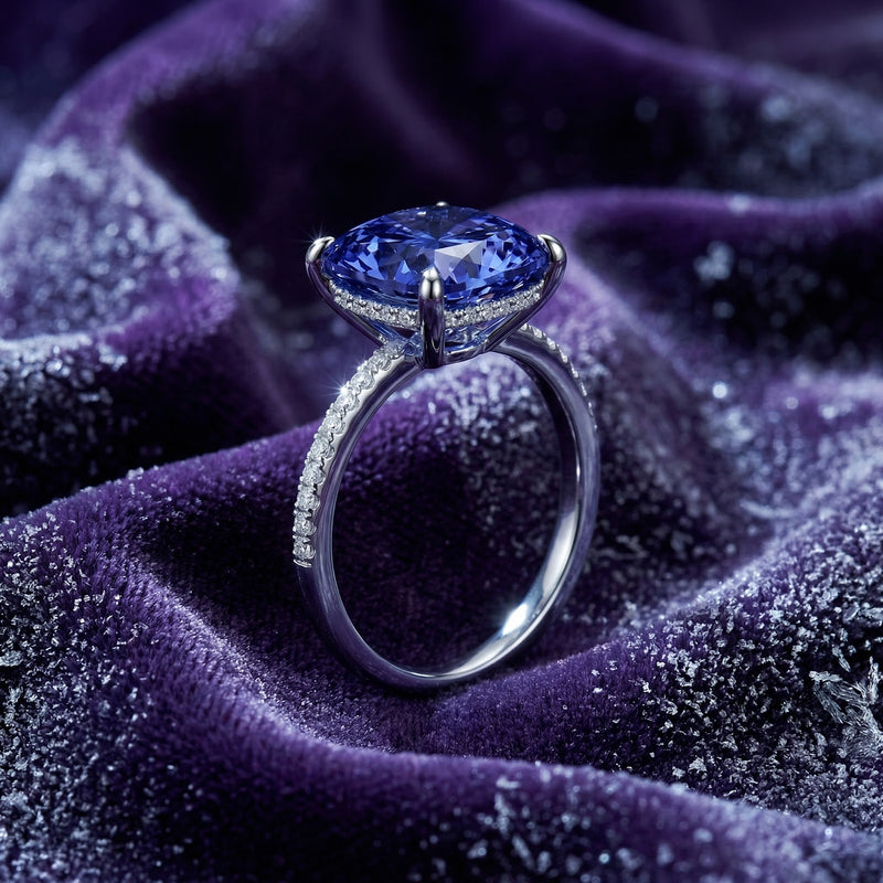Side profile of the cushion-cut simulated tanzanite S925 sterling silver ring on purple velvet.