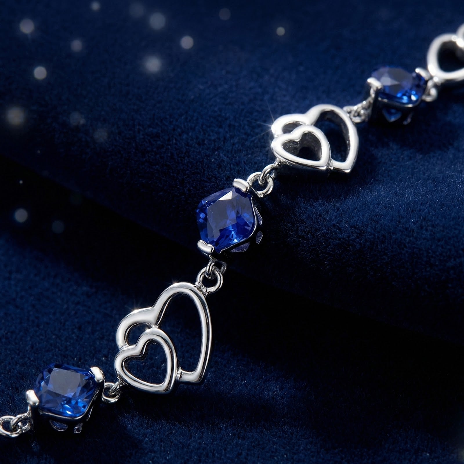 Close-up of S925 sterling silver heart links and precision-cut square royal blue simulated sapphires.
