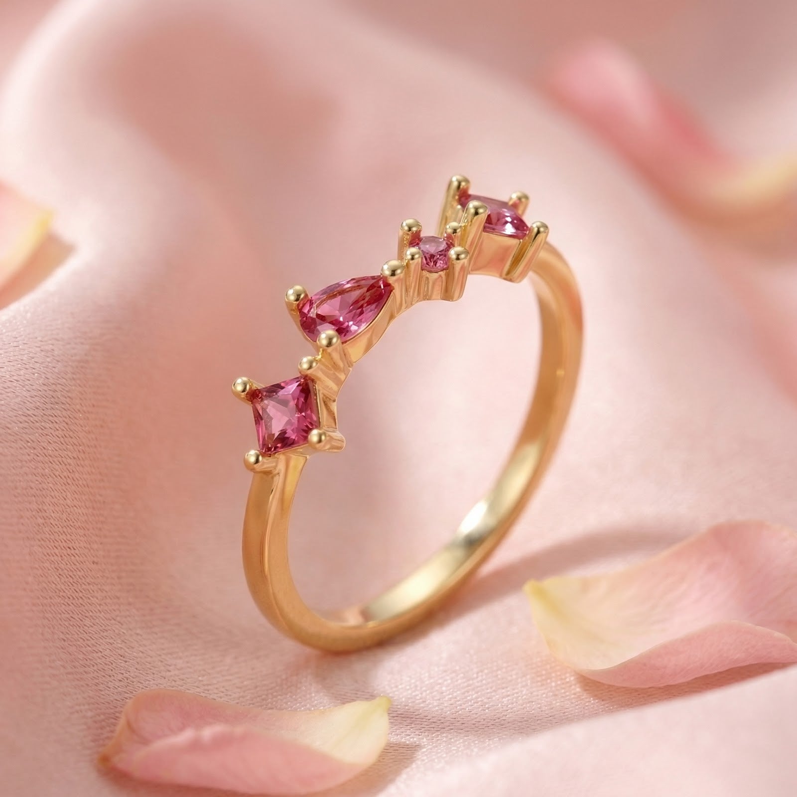 Macro view of 18K gold vermeil ring with pear and princess cut pink tourmalines on pink fabric.