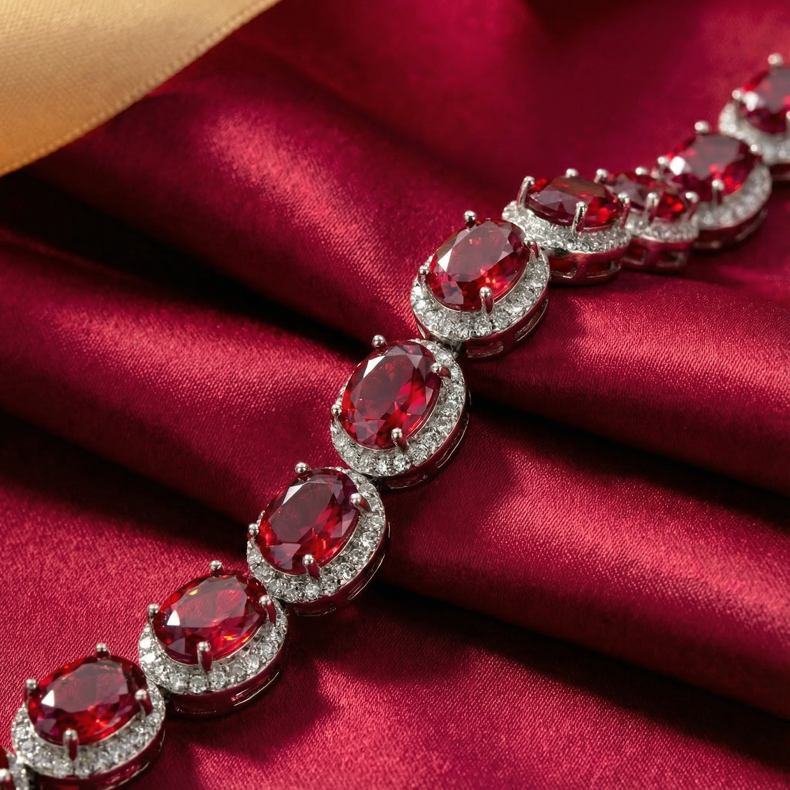 Close-up of oval-cut simulated rubies with halo settings on a sterling silver tennis bracelet.