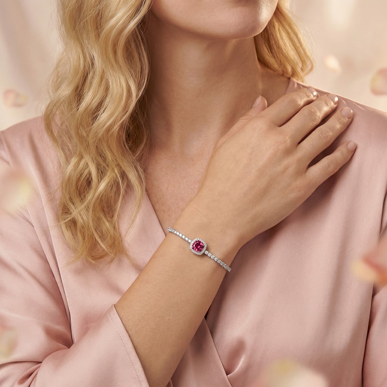 Sterling silver Elianise halo bracelet with a pink tourmaline stone worn on a model's wrist.