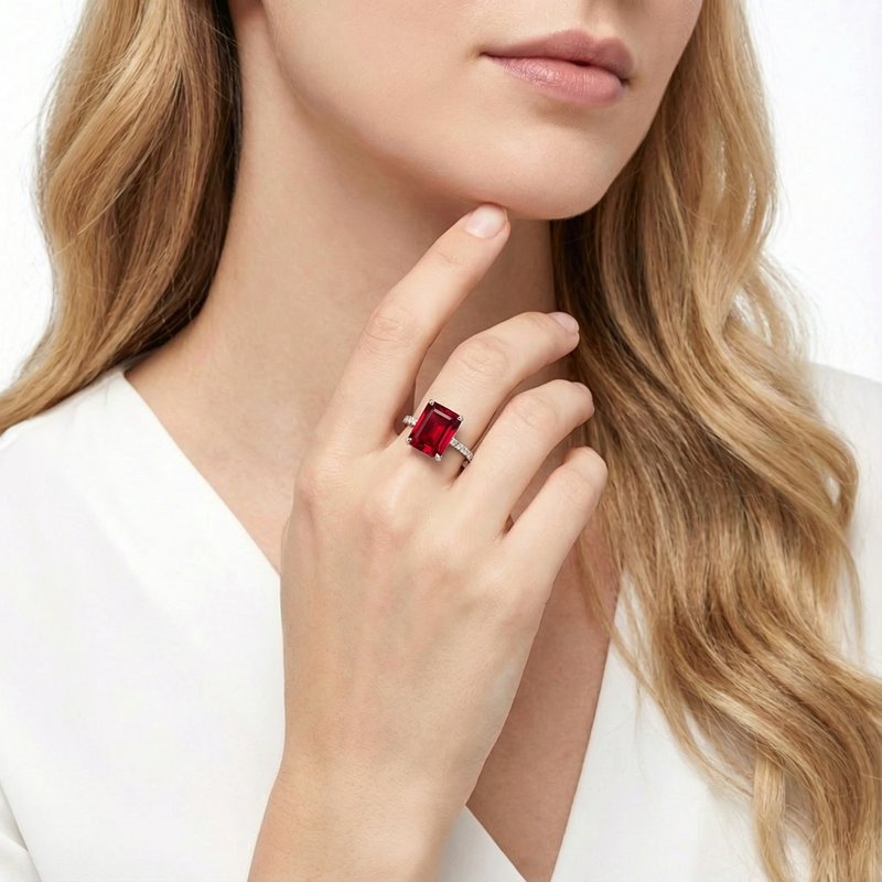 A woman wearing the emerald cut simulated ruby ring in S925 sterling silver on her ring finger.