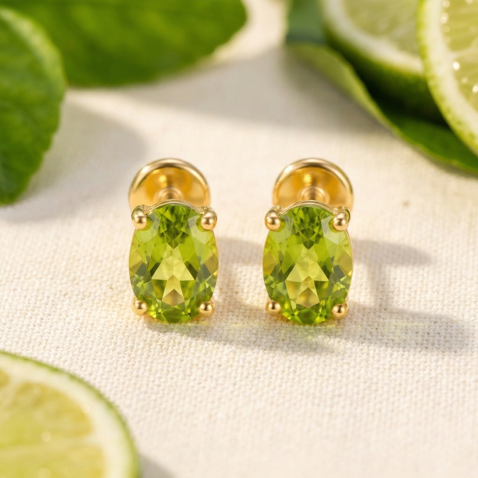 August birthstone oval-cut simulated peridot stud earrings in 18K gold vermeil styled with fresh lime slices.