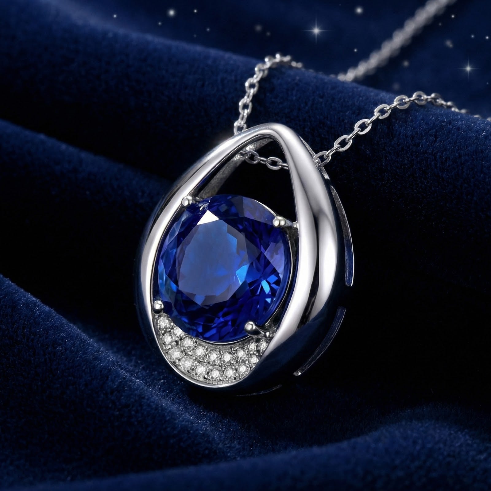 Round blue simulated sapphire in a sterling silver teardrop pendant resting on dark blue velvet.