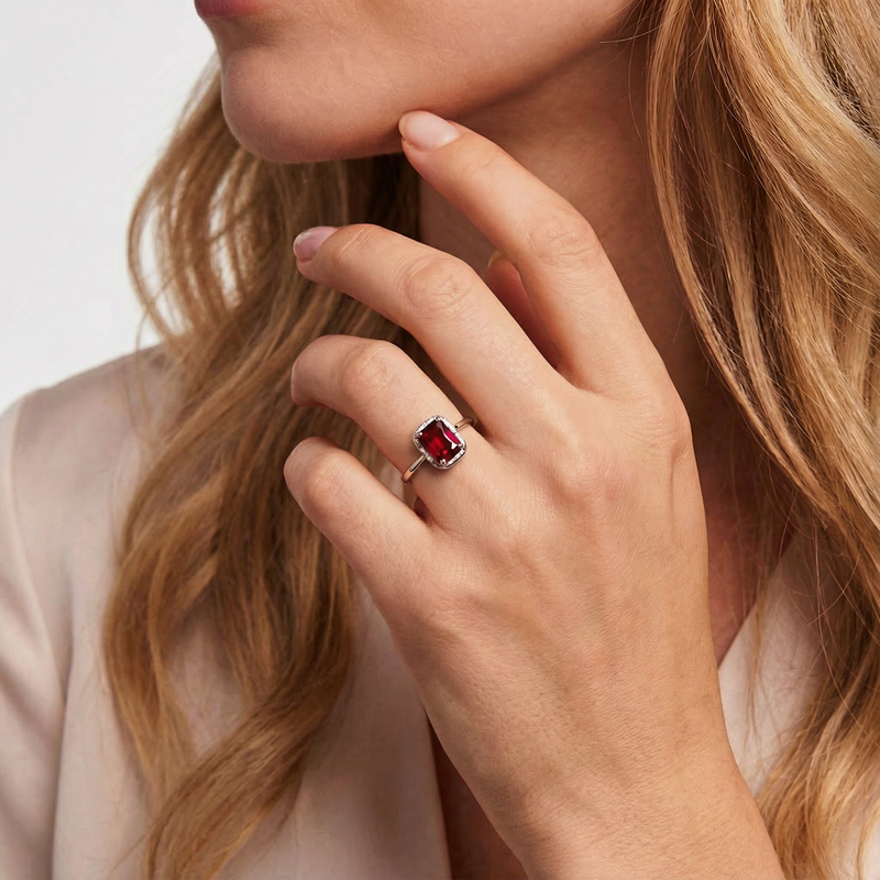 Woman wearing the emerald cut simulated ruby sterling silver ring with a beige blazer.