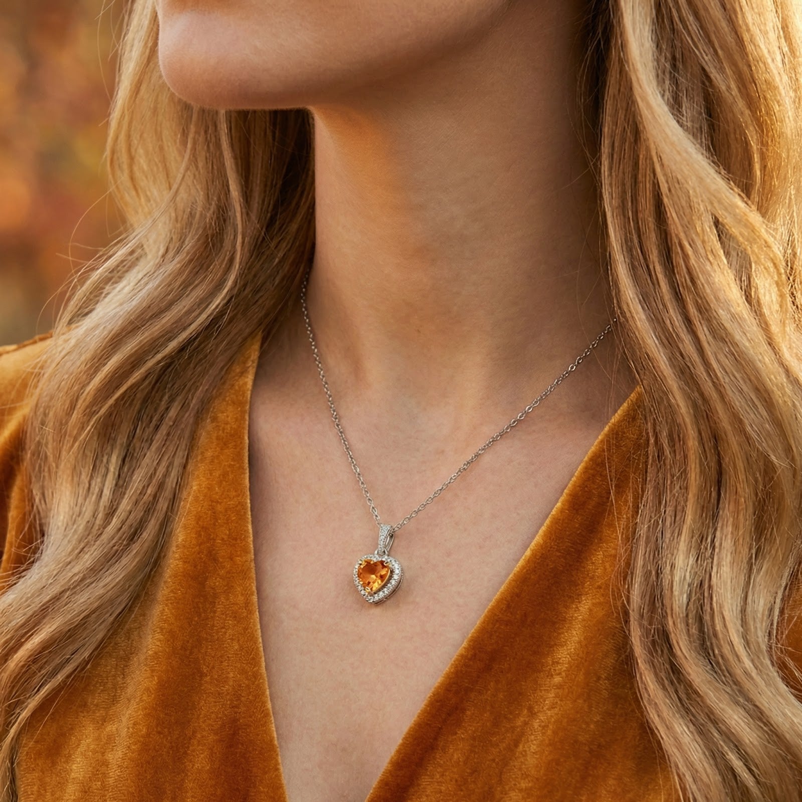 Angled view of a model wearing the heart-shaped simulated topaz pendant on a silver chain.