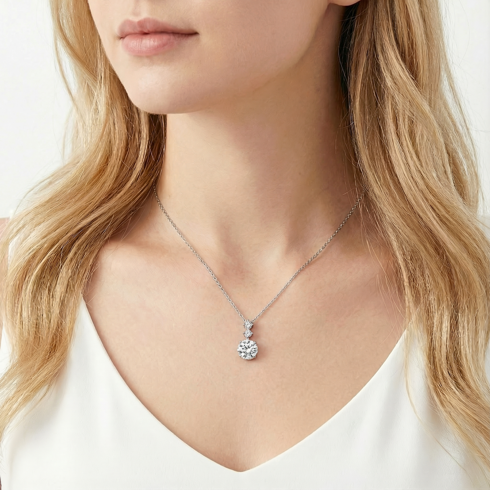 Front view of the Aurelle Drop silver necklace with round-cut simulated diamonds worn on a woman's neck.