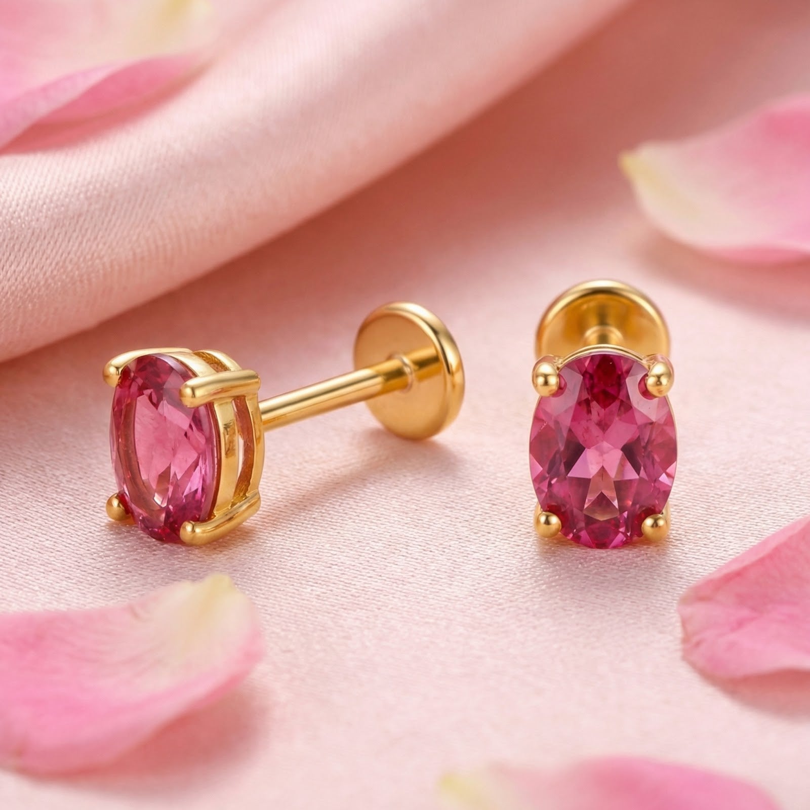 Side and front view of oval simulated pink tourmaline stud earrings in 18K gold vermeil on pink fabric.