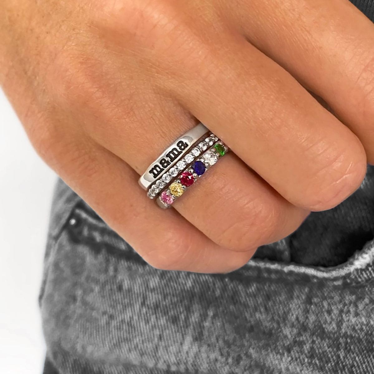 Personalized Family Birthstones Stacking Name Rings - S925 Sterling Silver