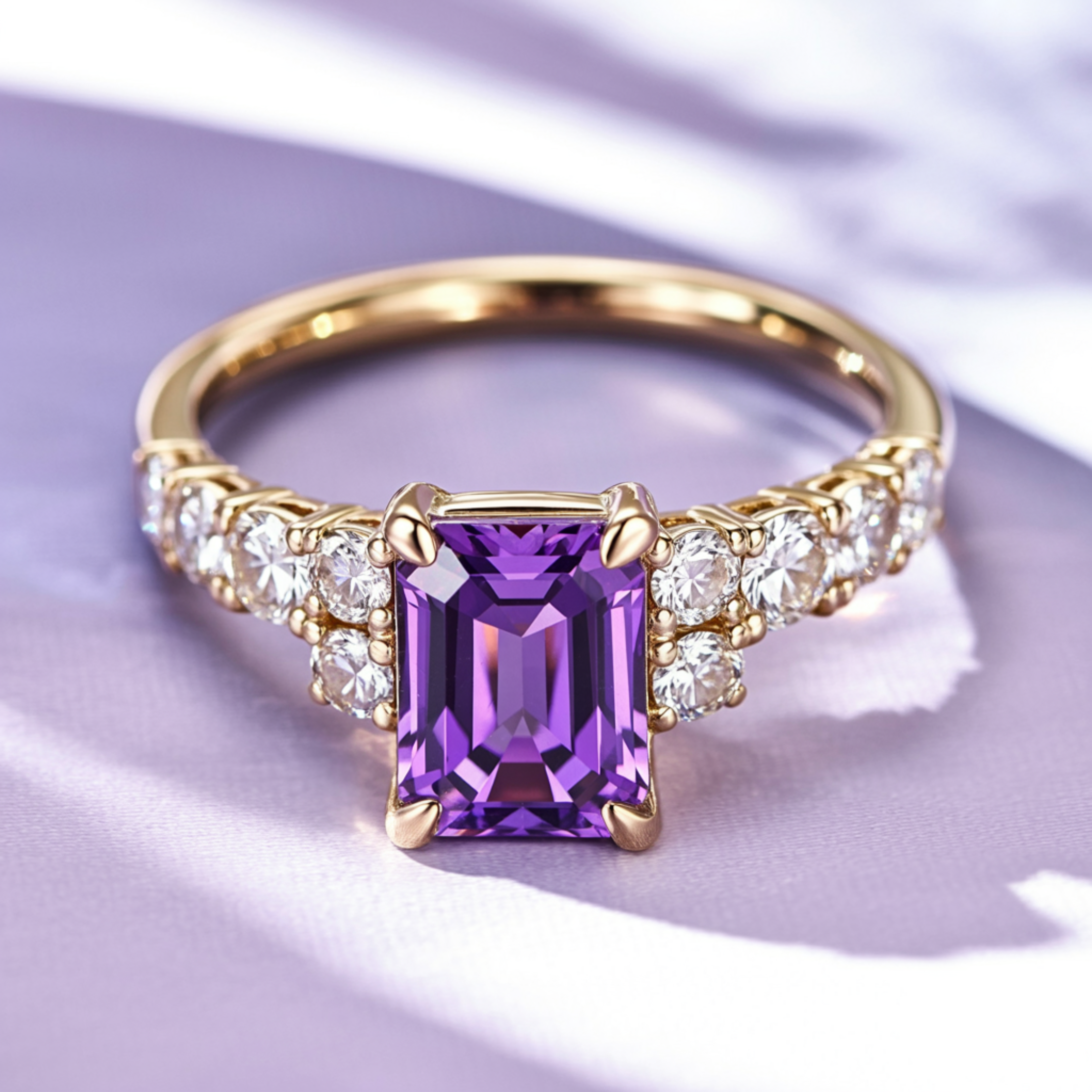 The Adelina Rae 2CT Emerald Cut Purple Moissanite Ring