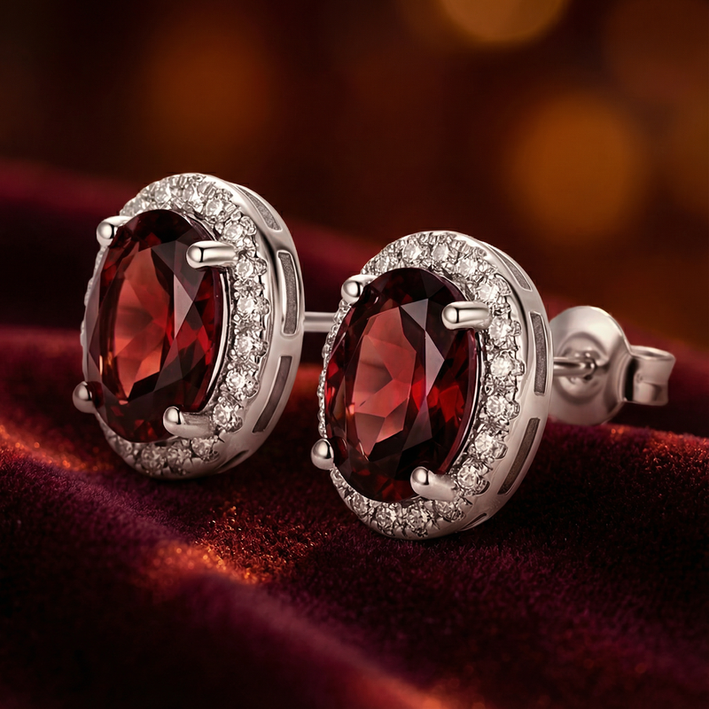 Close-up of oval simulated garnet halo stud earrings in sterling silver showing the side setting and posts.