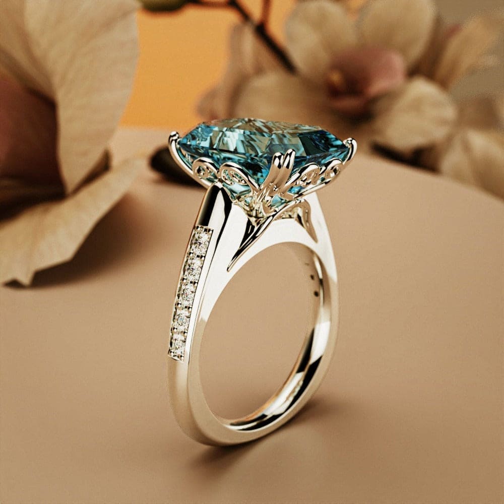 Azure Dream: Emerald-Cut Diamond Sculpted Silver Ring
