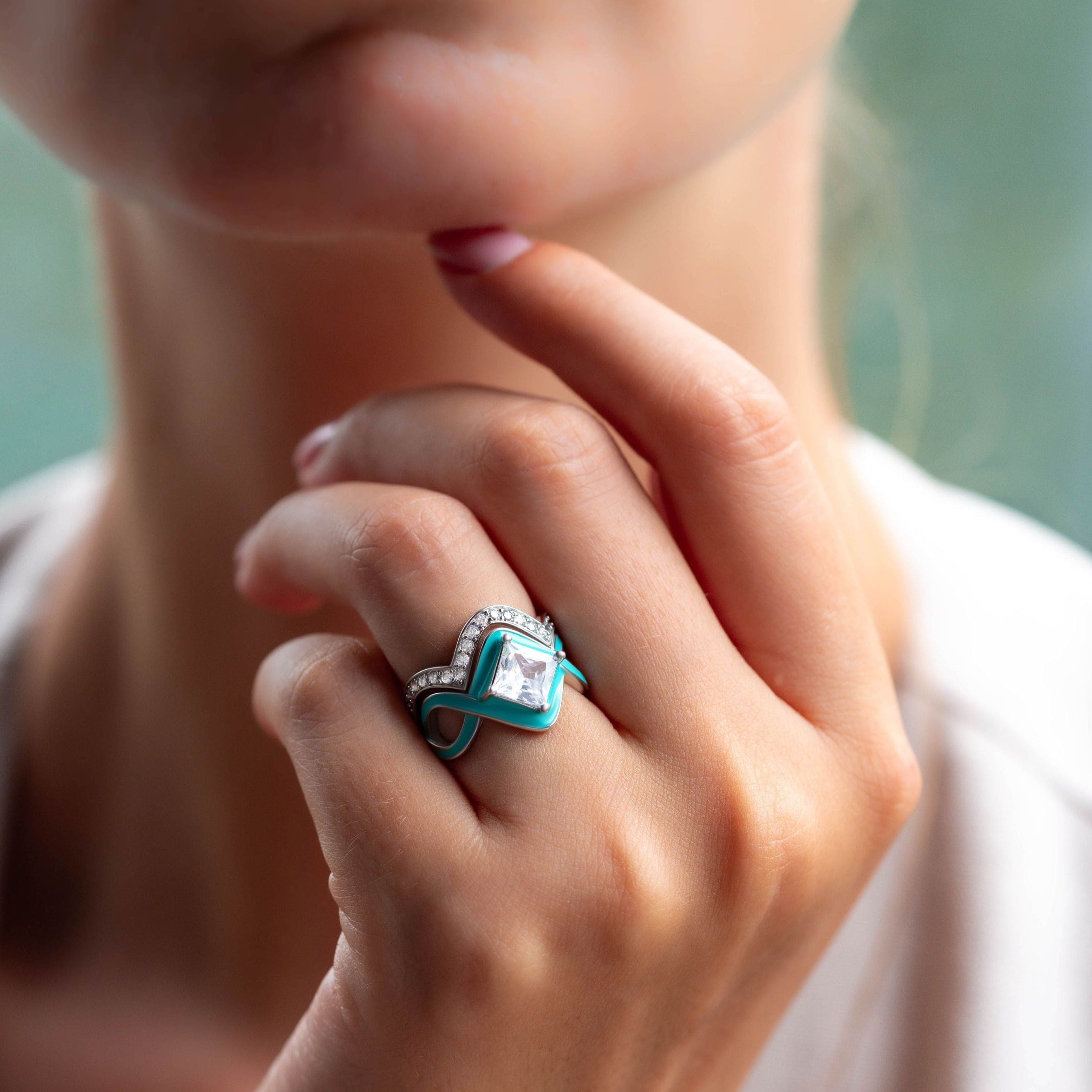 La ola del océano: anillo de 2 piezas - Plata de ley S925