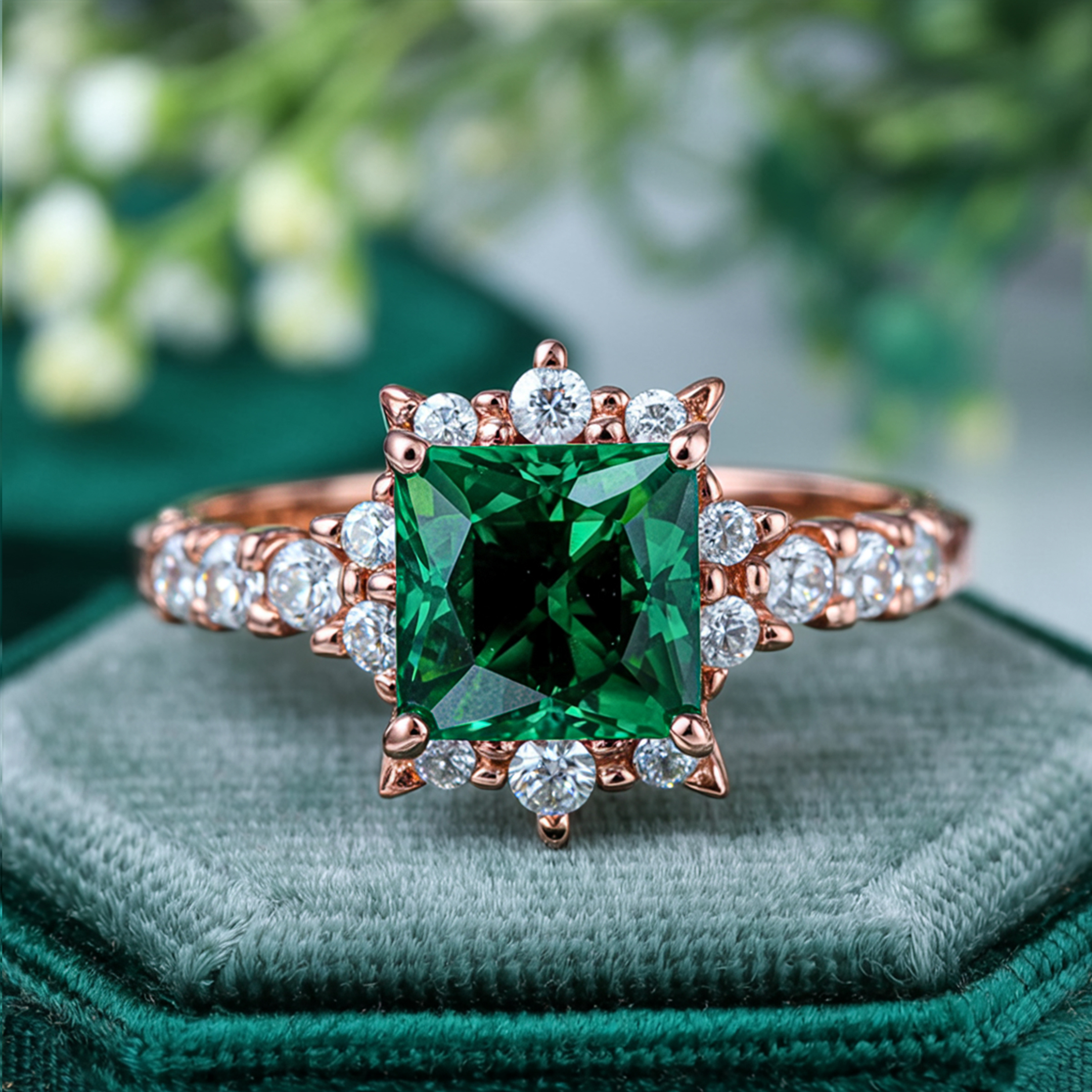 The Caterina 1CT Princess Cut Green Moissanite Ring