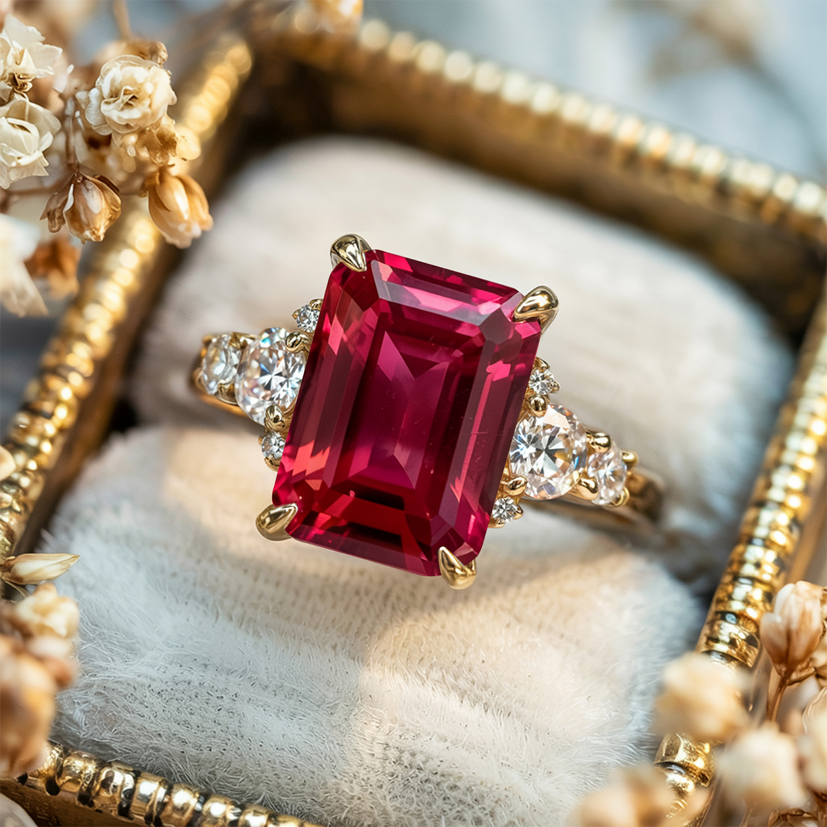 3CT Emerald Cut Red Diamond Ring | Affordable Moissanite Accent Stone ...