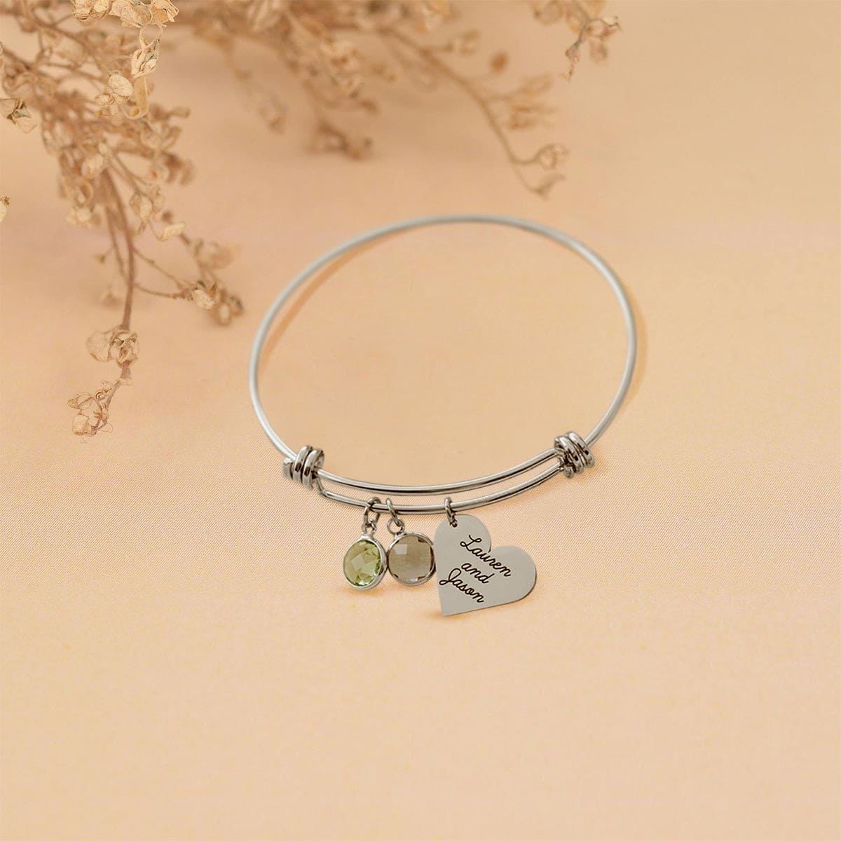 Pulsera personalizada con dijes grabados con piedras de nacimiento - Acero inoxidable