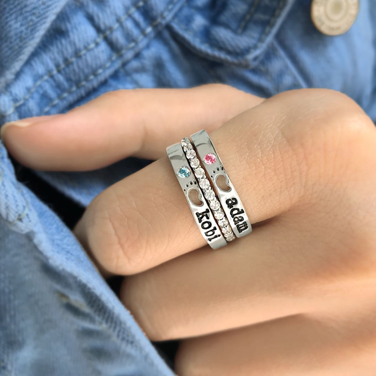 Personalized Baby Feet Birthstone Stacking Name Rings - S925 Sterling Silver