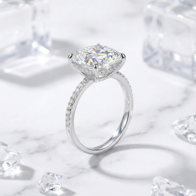 Side profile of the Celestina cushion cut ring showing the hidden halo and pavé S925 sterling silver band.