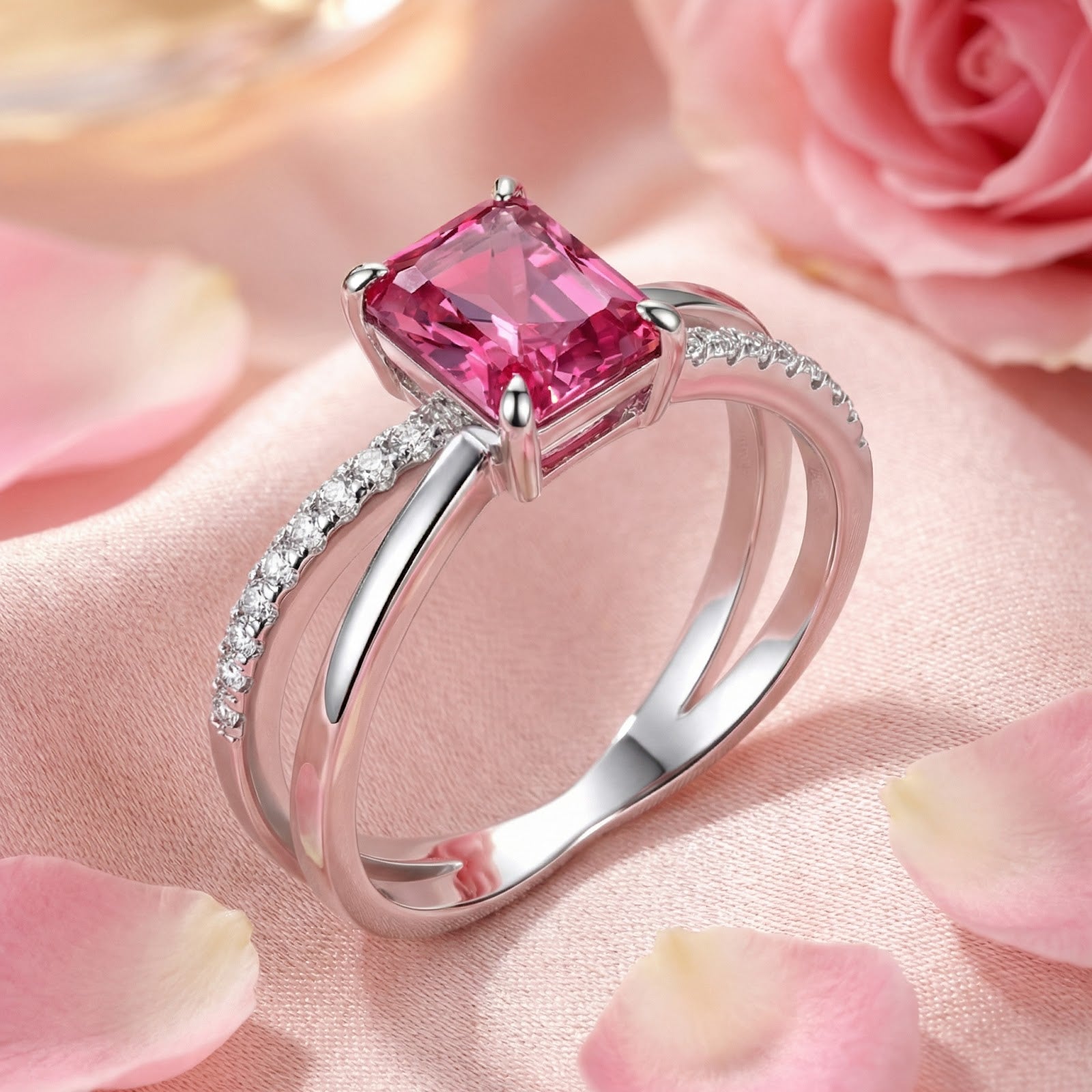 Angled view of the Elisenne radiant pink tourmaline silver ring featuring a pavé-set crossover bypass band.