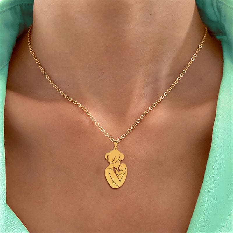Embracing Mother and Child Pendant Necklace - Stainless Steel