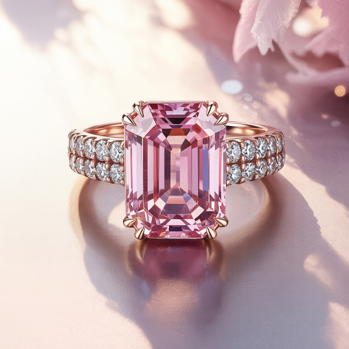 The Farah 3CT Emerald Cut Pink Moissanite Diamond Ring | 18K Rose Gold ...