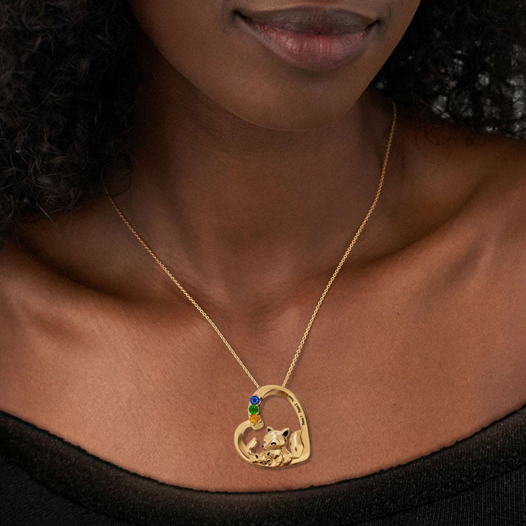 Personalized Fox Family Birthstones Necklace - Stainless Steel