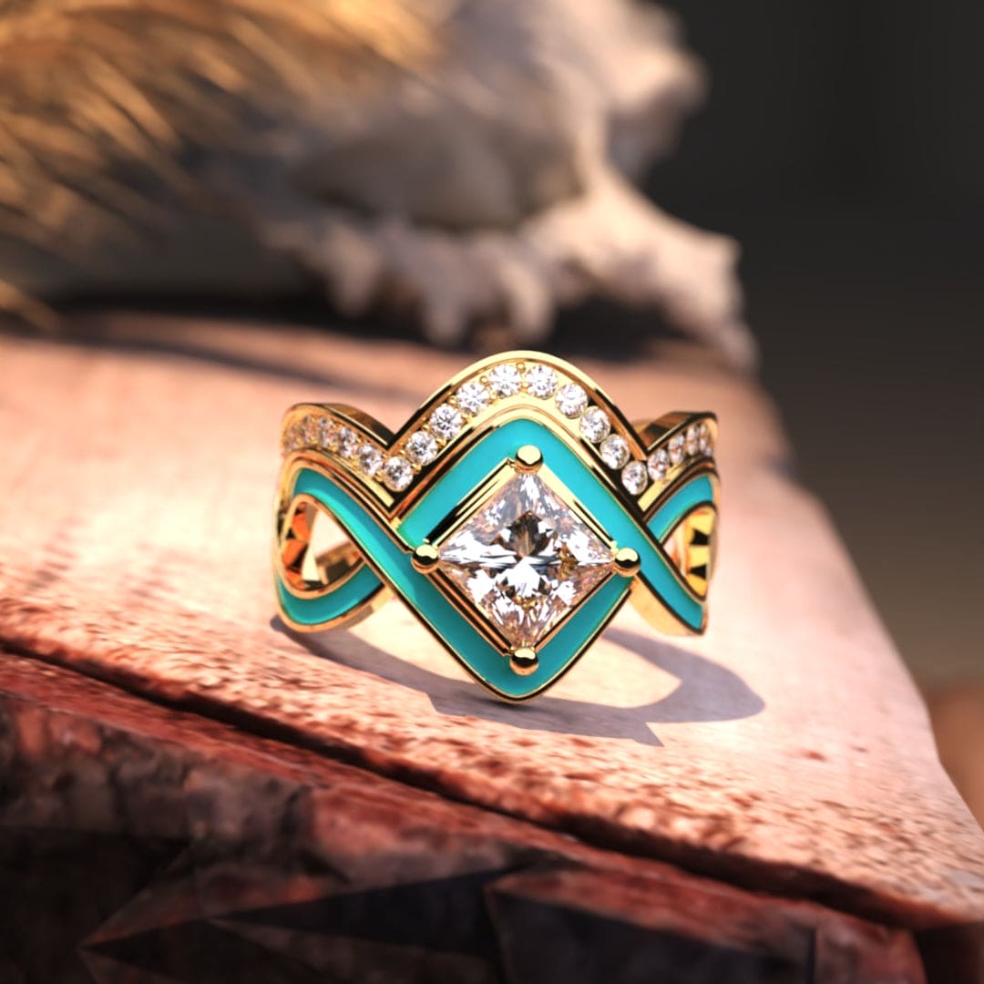 Anillo de oro vermeil de 18 quilates con turquesa de dos piezas Ocean Wave