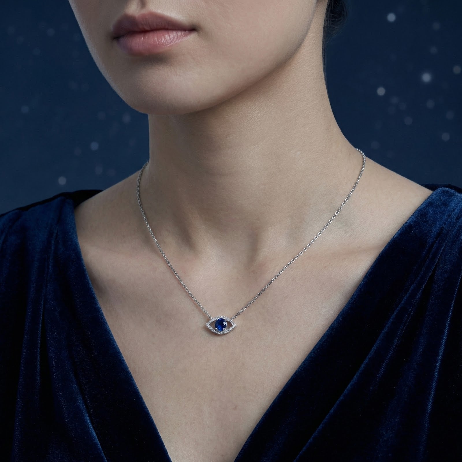 Model wearing the sterling silver Syrenne Eye necklace with a round cut blue sapphire.