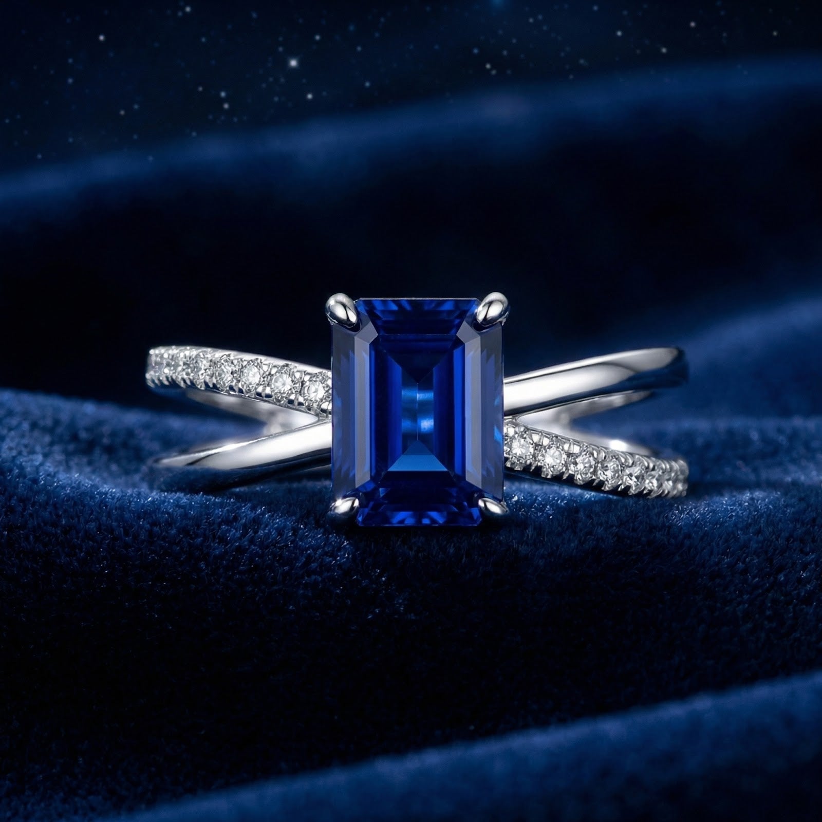 Front view of the emerald-cut blue simulated sapphire crossover ring in S925 sterling silver on blue velvet.