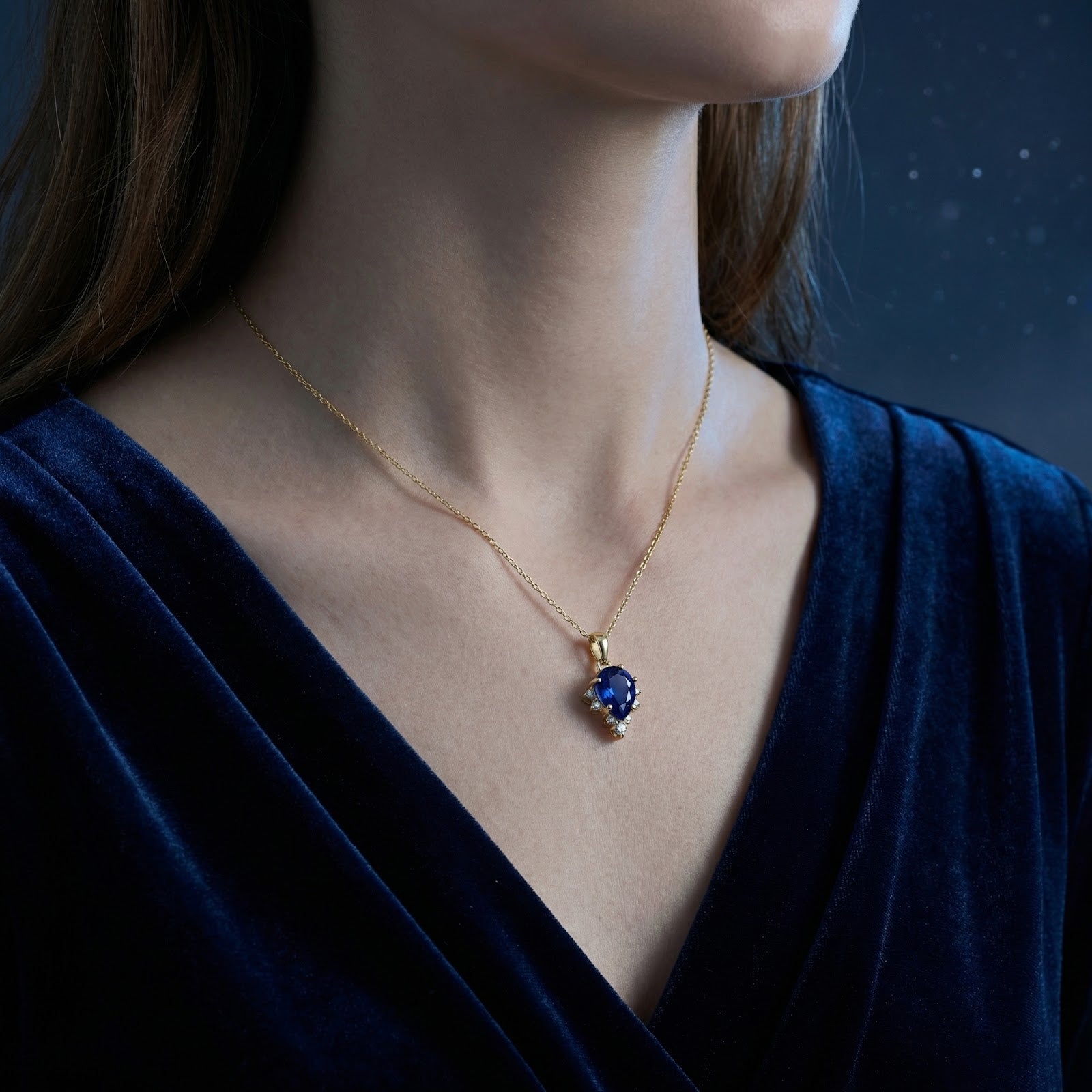 Model wearing the Lyraea pear-cut blue sapphire necklace in 18K gold vermeil with a dark blue velvet dress.