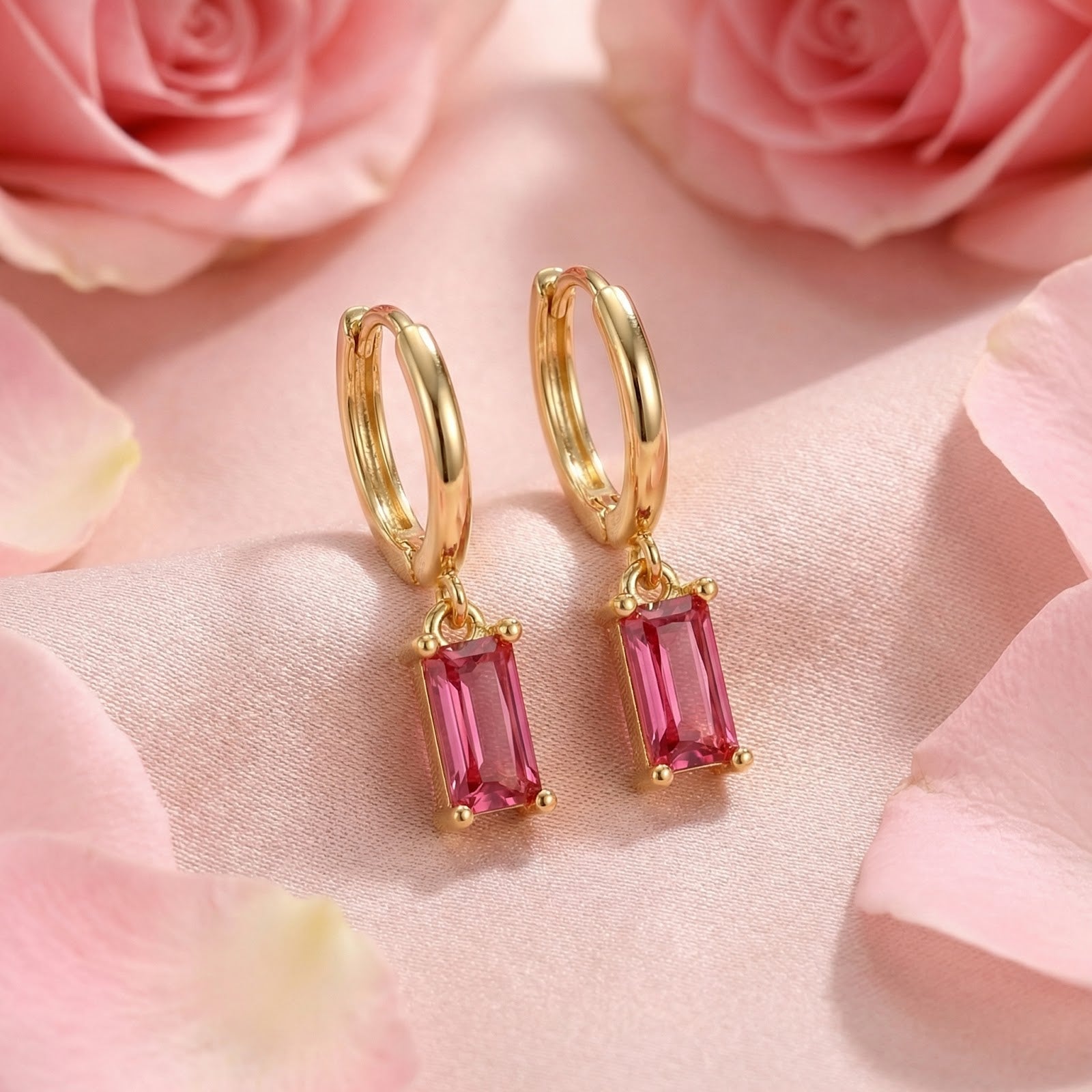 Gold vermeil emerald-cut pink tourmaline drop earrings resting on soft pink fabric with roses in the background.
