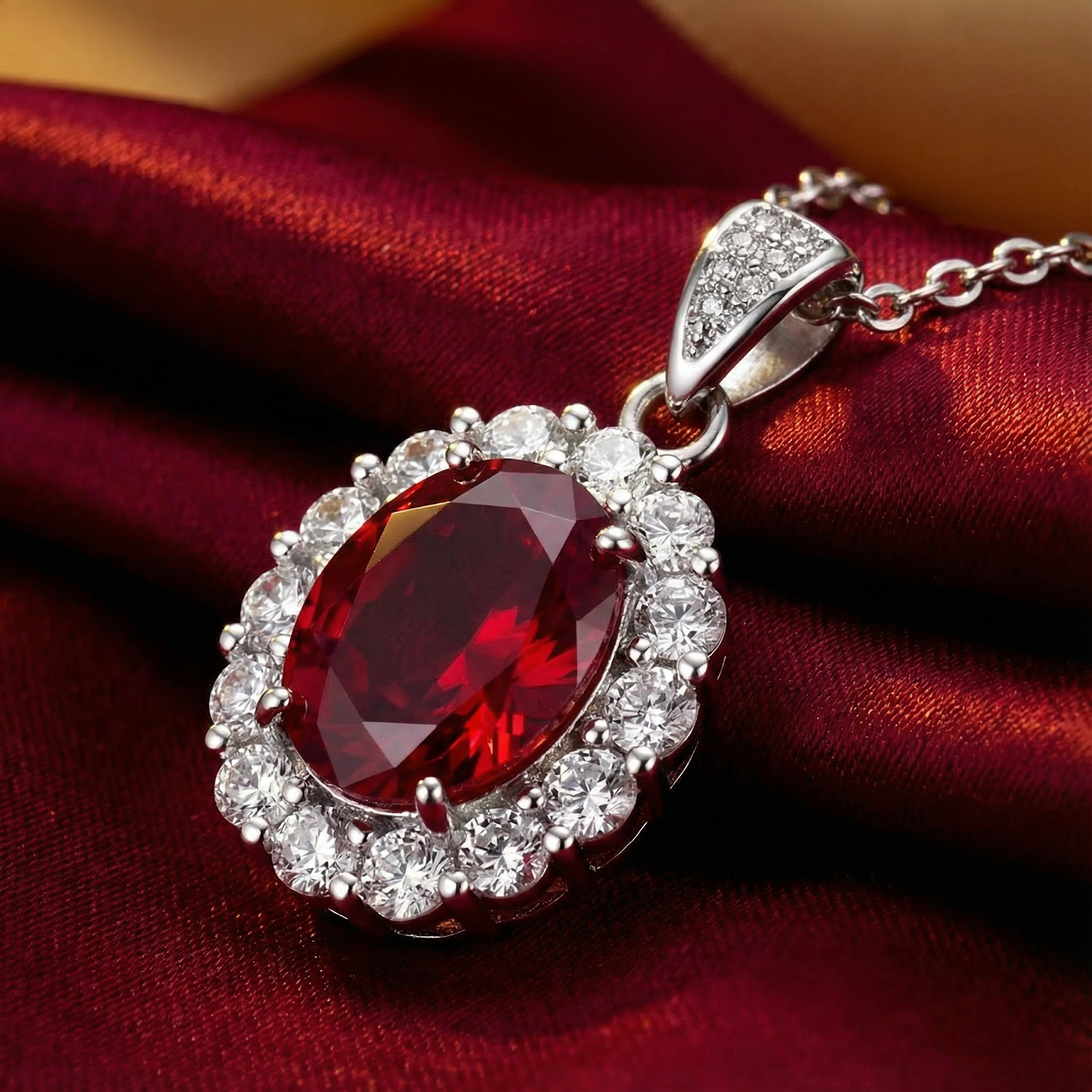 Oval-cut simulated ruby halo necklace in sterling silver resting on draped red silk fabric.