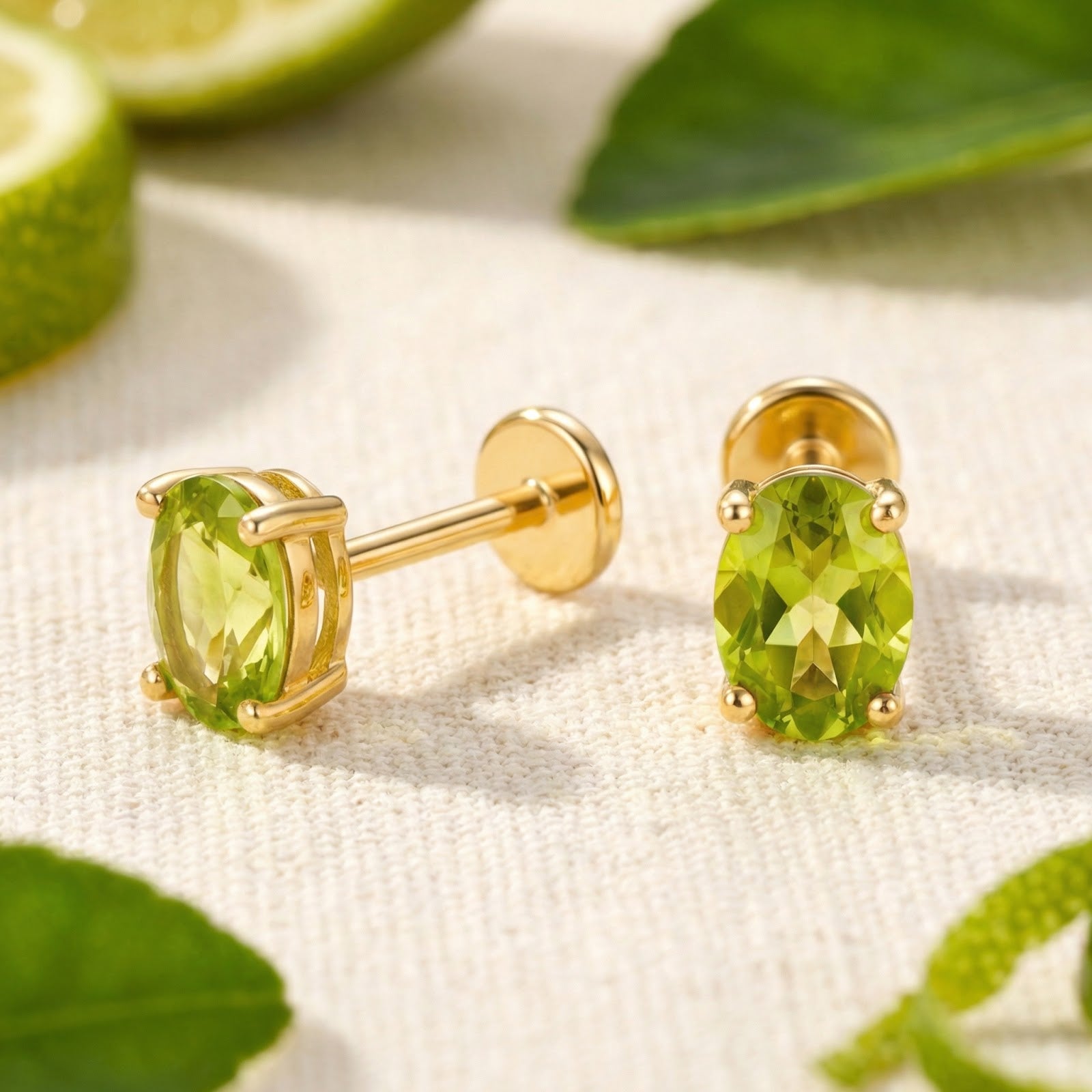 Side and front view of oval-cut simulated peridot stud earrings in 18K gold vermeil showing the flat back post.