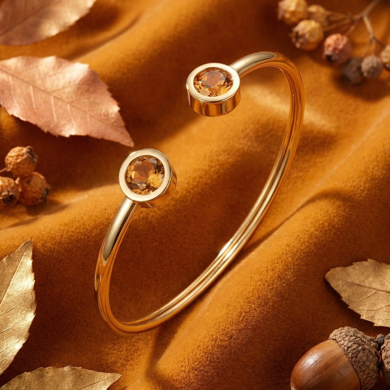 Gold-finished stainless steel cuff bracelet with round simulated topaz stones in an autumn lifestyle setting.