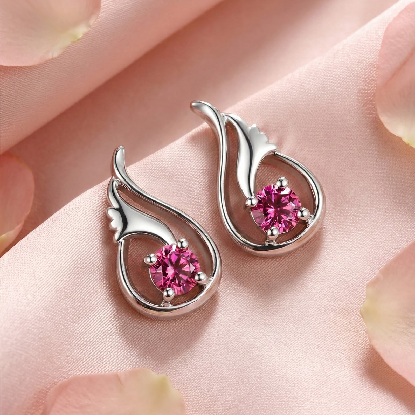 Macro shot of the sterling silver tulip settings and round simulated pink tourmaline stones on pink fabric.