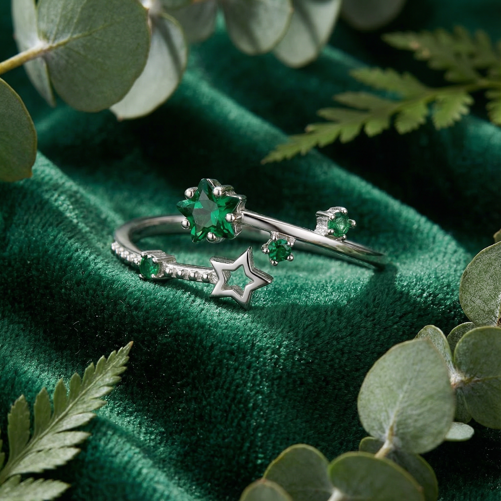 Silver Vega Star ring with star-cut and round simulated emeralds on green velvet with botanical accents.
