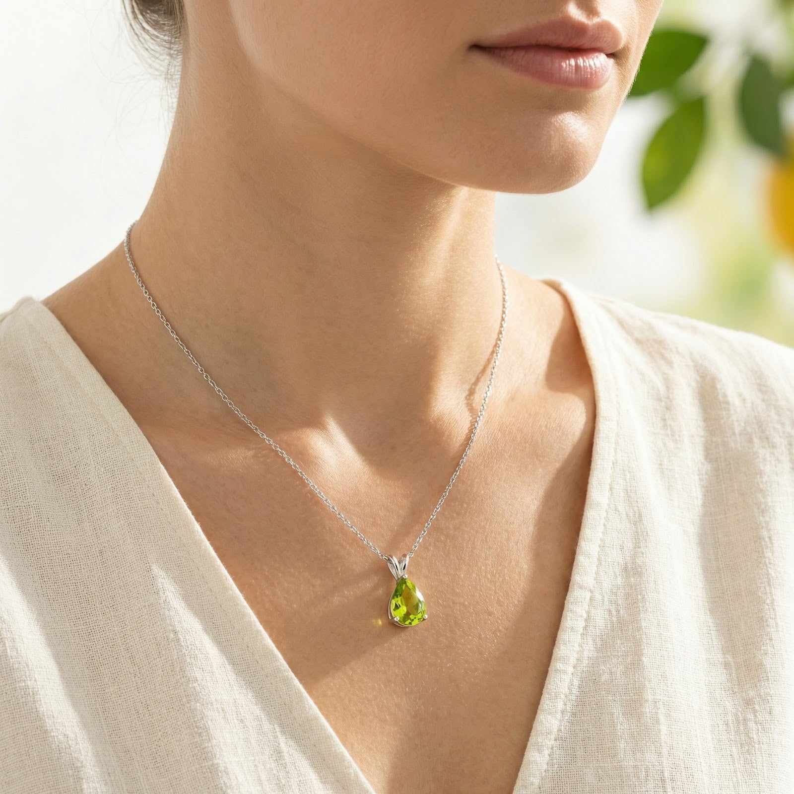 Side view of a woman wearing the Olynthia pear-cut green moissanite necklace in sterling silver.