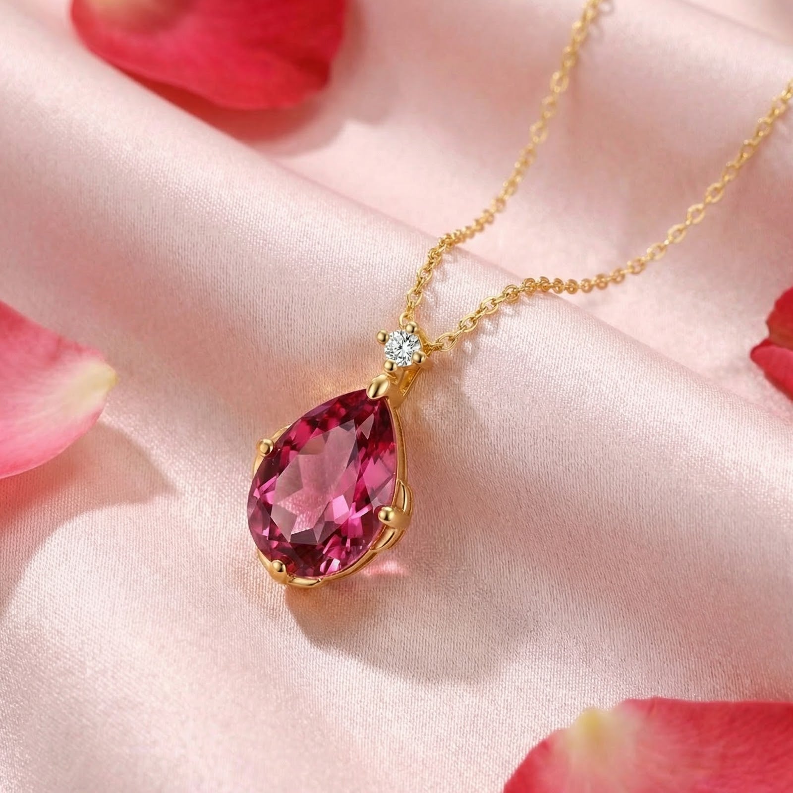 Pear-cut simulated pink tourmaline necklace in 18K gold vermeil displayed on pink silk with rose petals.