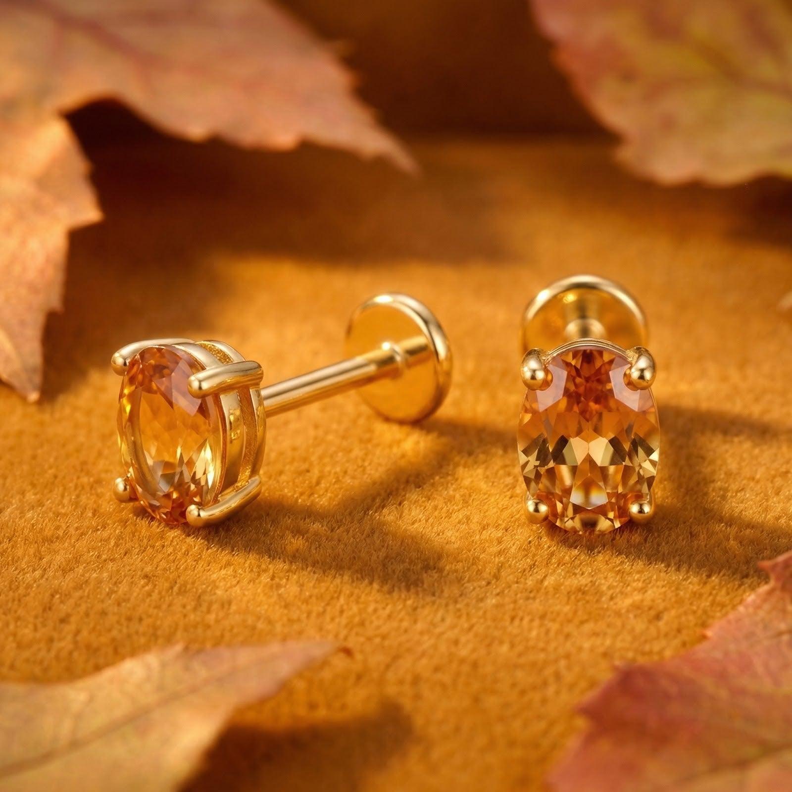Oval honeyed simulated topaz stud earrings in 18K gold vermeil with flat backs on an autumn leaf background.