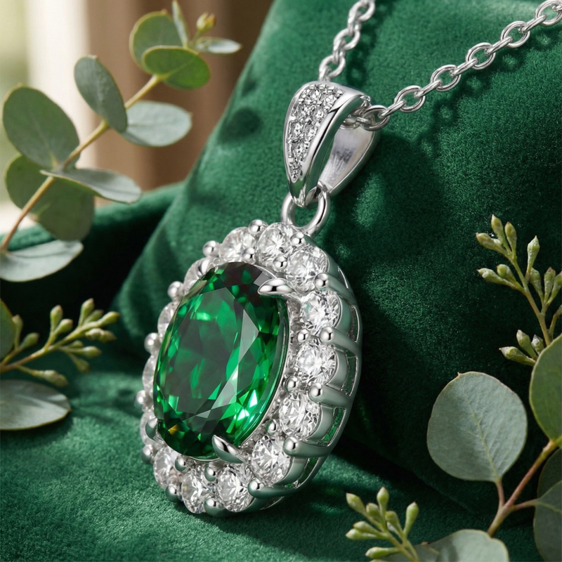 Side view of the oval simulated emerald halo necklace in sterling silver, showing the detailed prong setting.