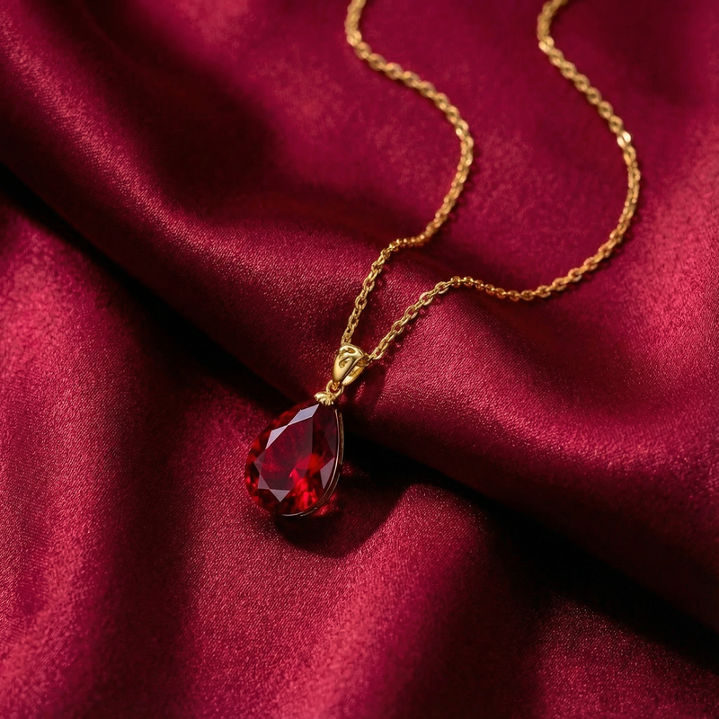 Close-up of a pigeon blood red pear cut simulated ruby pendant on a gold chain over red satin.