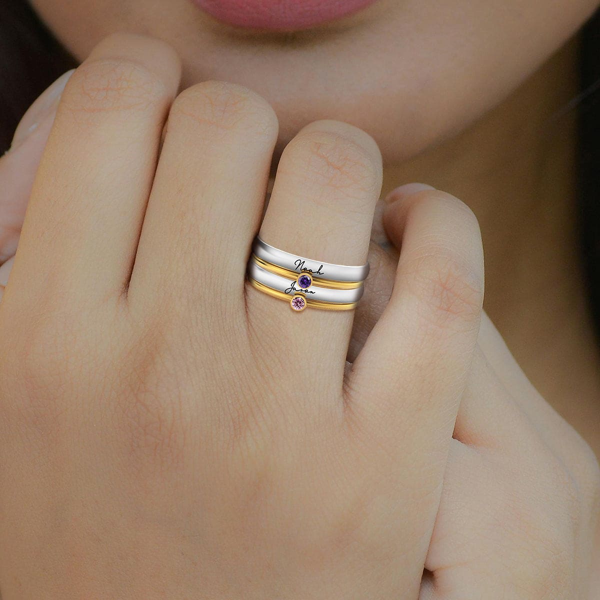 Personalized Engraved Stackable Birthstone Ring Set - Stainless Steel