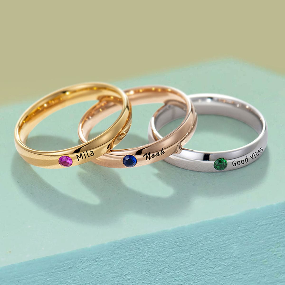 Personalized Family Birthstone Stackable Name Ring - Stainless Steel