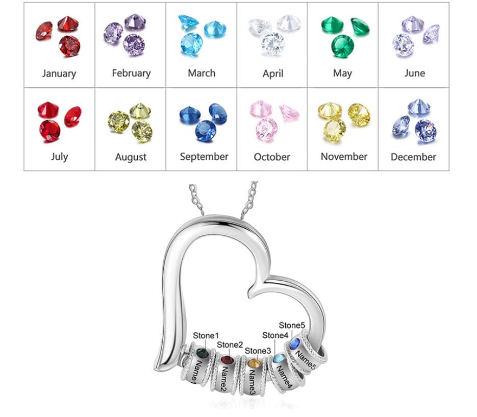Personalized Family Heart-Shaped Birthstone Necklace with Names - Stainless Steel