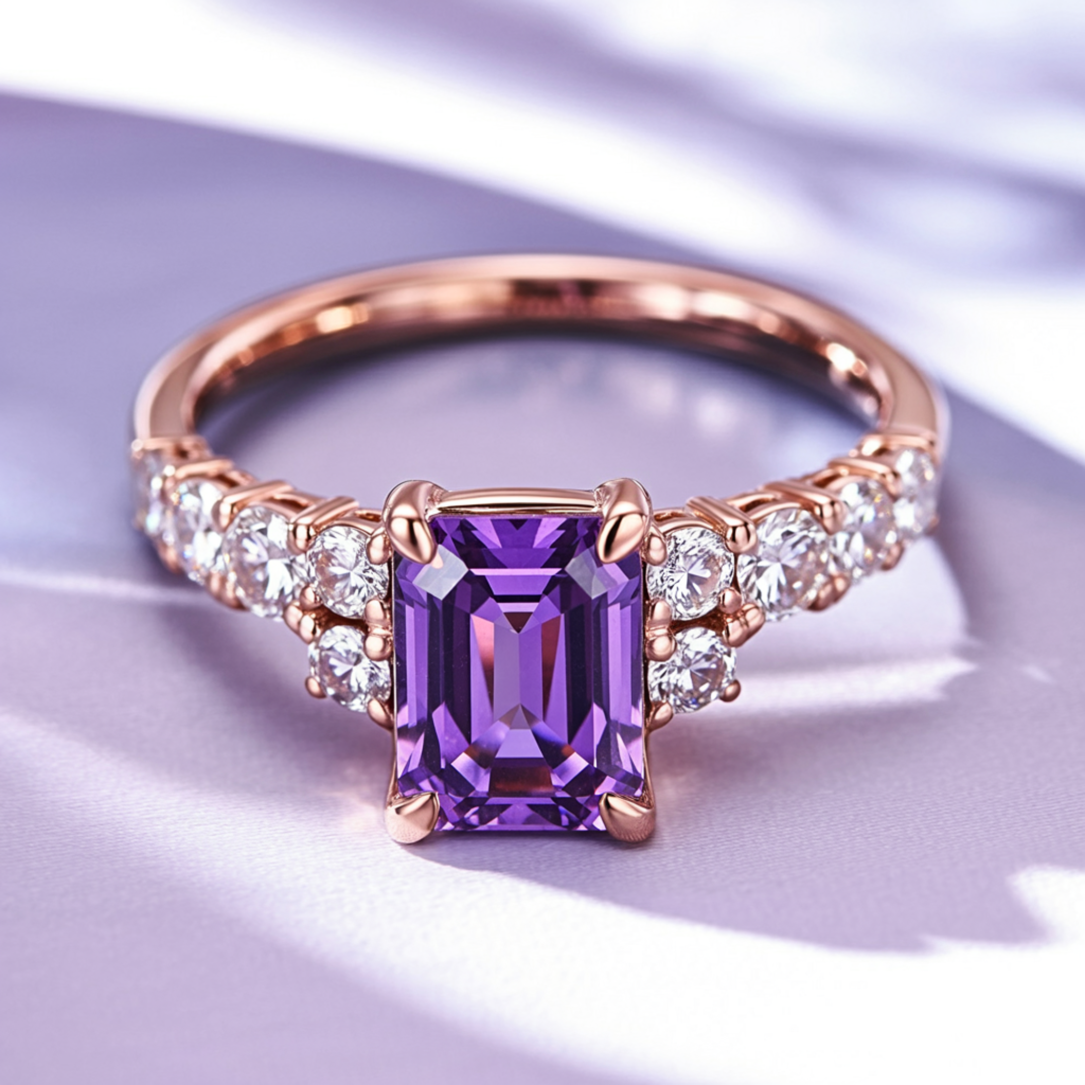 The Adelina Rae 2CT Emerald Cut Purple Moissanite Ring