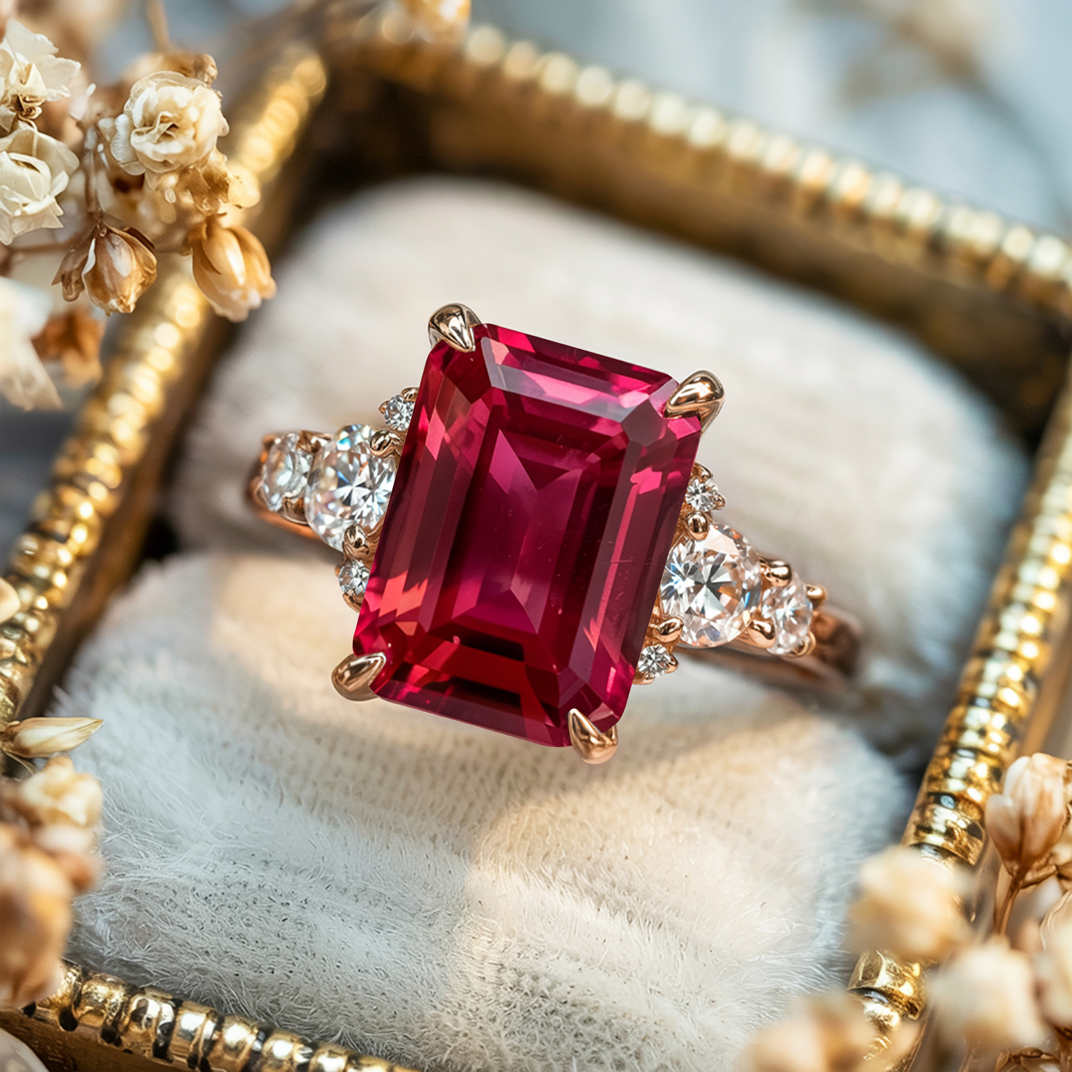 The Bella Jewel 3CT Emerald Cut Red Moissanite Ring
