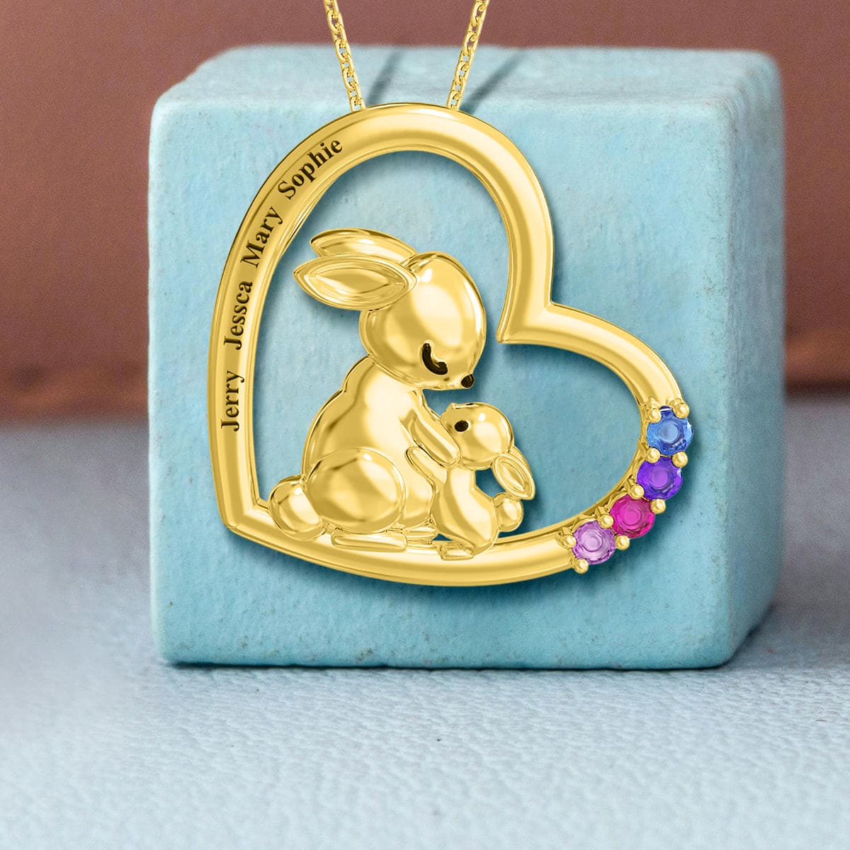Personalized Bunny Family Birthstones Necklace - Stainless Steel