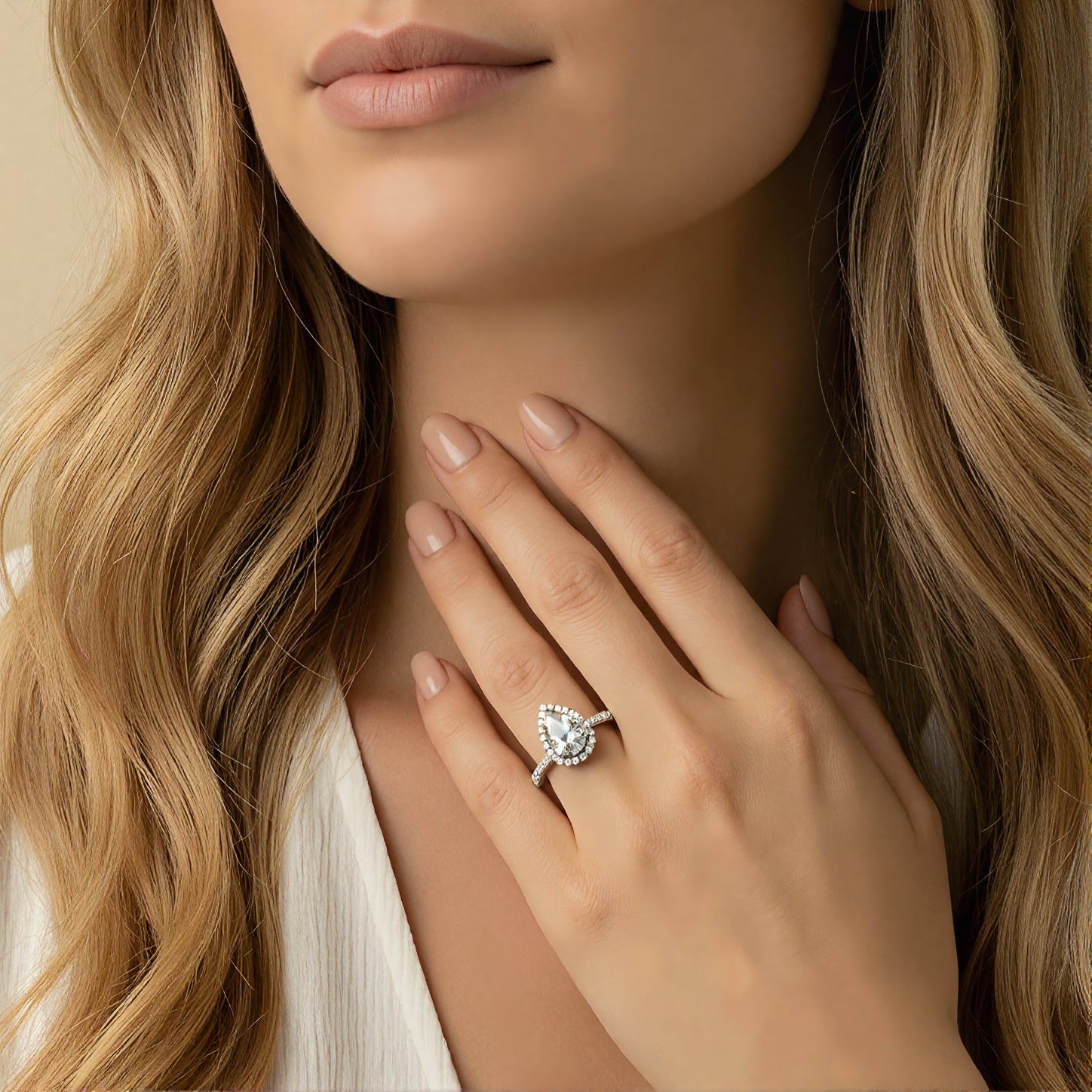Woman wearing the pear-cut simulated diamond halo ring in S925 sterling silver on her ring finger.