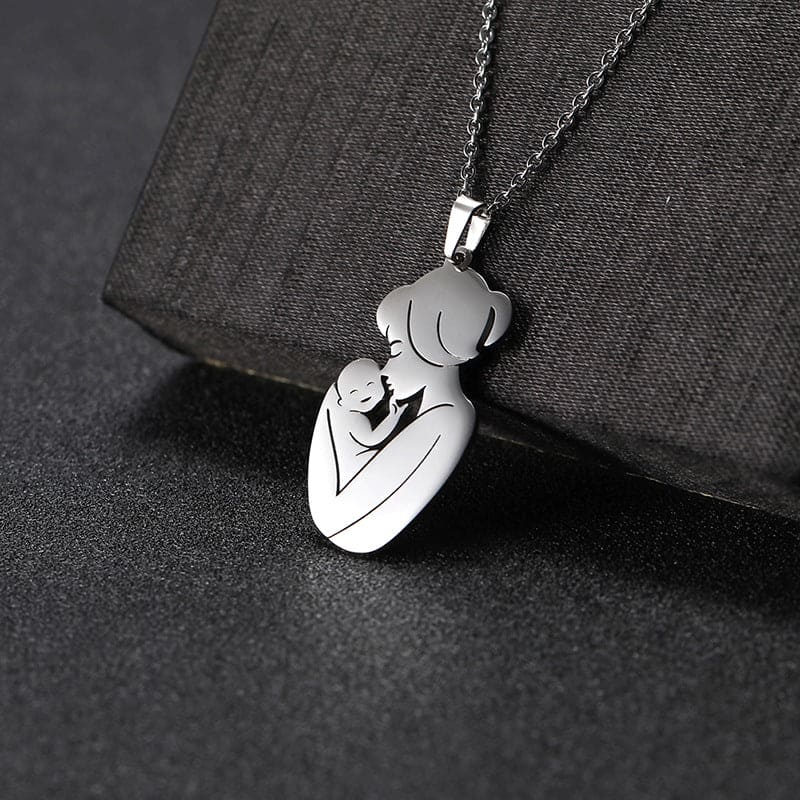 Embracing Mother and Child Pendant Necklace - Stainless Steel